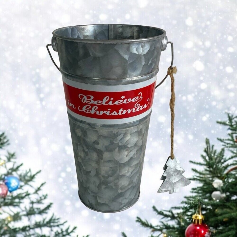 Galvanized “Believe in Christmas” Tin Bucket With Tree Dangling 8" Tall NEW
